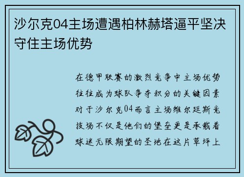 沙尔克04主场遭遇柏林赫塔逼平坚决守住主场优势